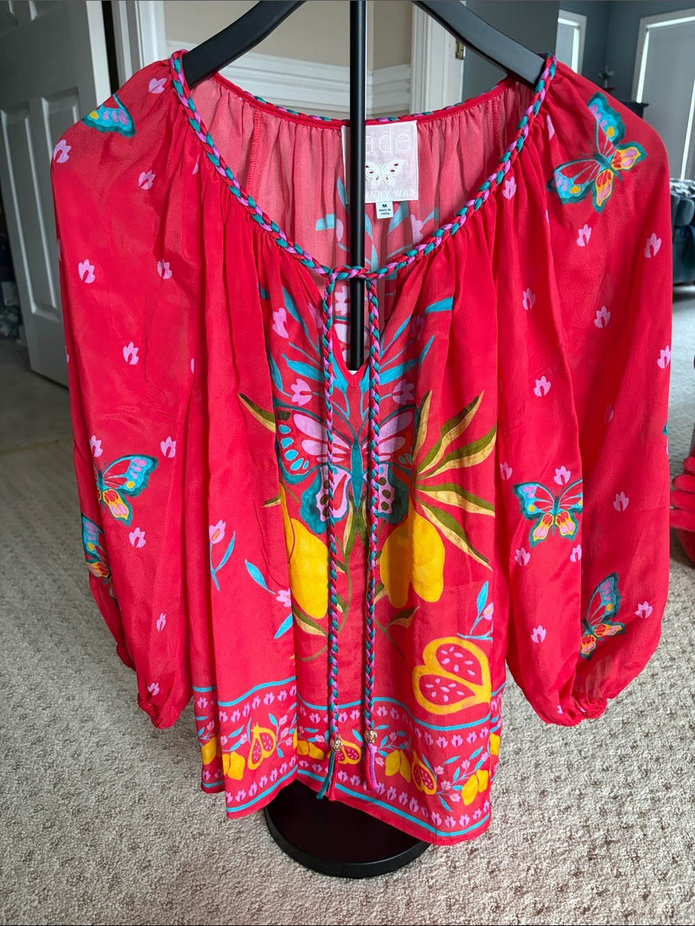 Johnny Was Red Tropical Butterfly Peasant Blouse